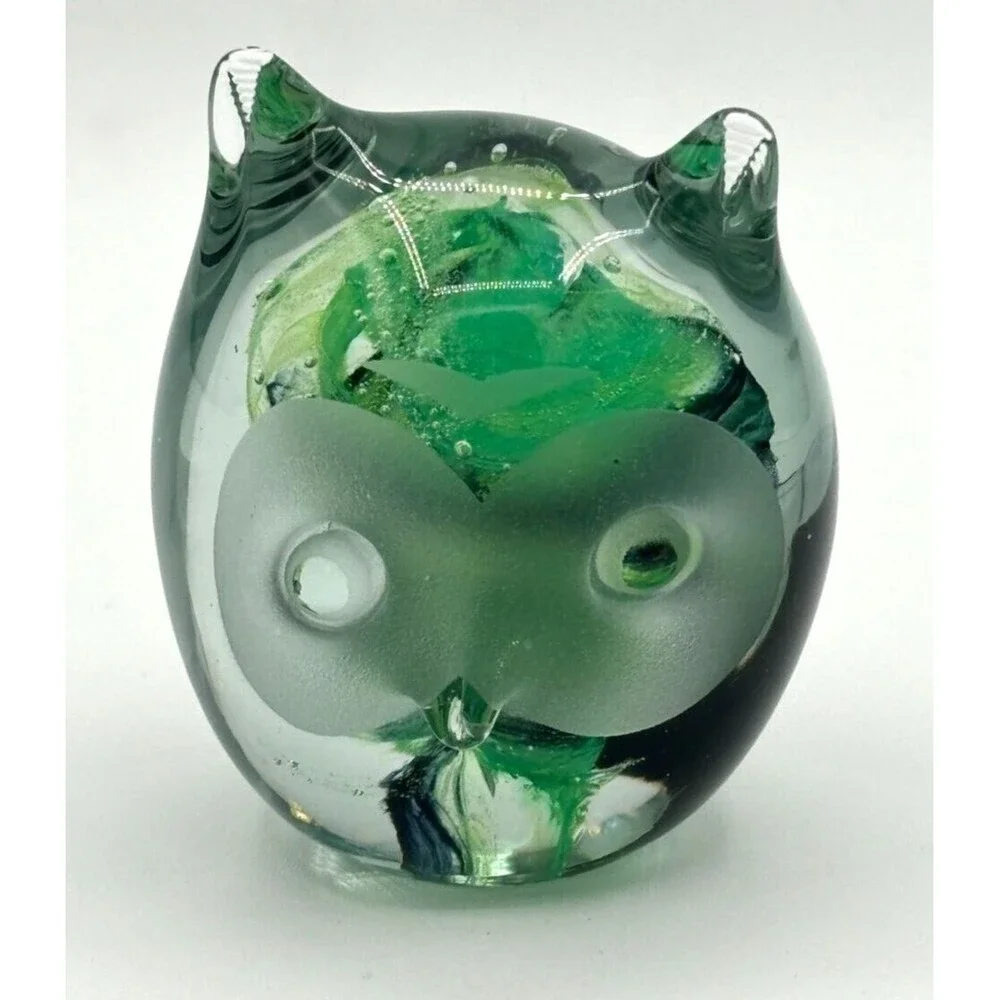 Kerry Glass Art Blown Glass Paperweight Owl‎ Green Swirl Hand Made in Ireland